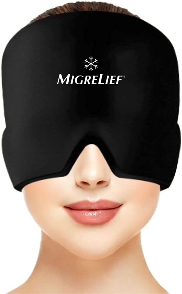 Migrelief Migraineの救助の帽子- 360度の頭部および目の適用範囲が付いている片頭痛および頭痛のための氷の帽子-自然な痛みの救助のための冷たい療法の頭痛の帽子および片のサイズ、黒