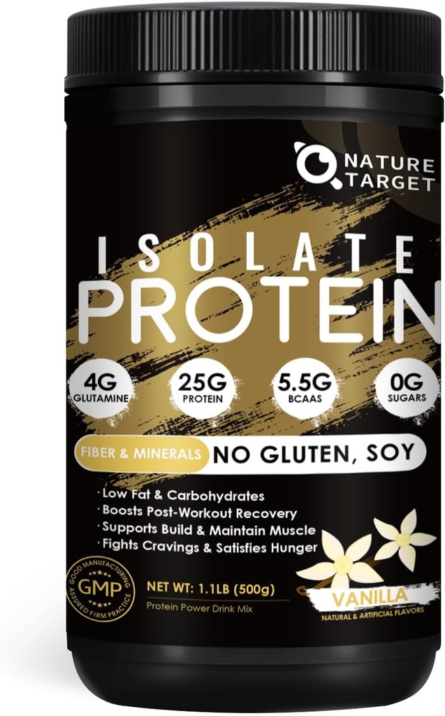 NATURE TARGET Isolate Whey Protein Powder Vanilla, 25g Protein Low Carb Sugar-Free & Gluten-Free, 5.5g BCAAs, Rich in Fibers & Minerals, 1.1 Pound, 16 Servings