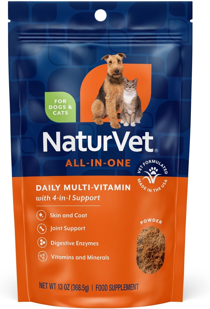 NaturVetオールインワン犬のサプリメント - 共同サポート、消化、皮膚、コートケア用 - ミネラル、オメガ3、6、9と犬のマルチビタミン - 犬のための無料ビタミン - 13オンスパウダー