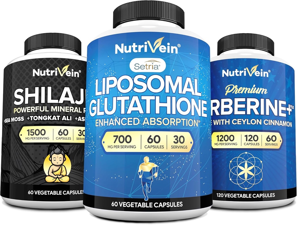 Nutrivein Premium Shilajitカプセル、Liposomalグルタチオンサプリメント、およびBerberineサプリメントバンドル:男性と女性のためのBerberine、グルタチオン、およびShilajitカプセル - Metabolism、Vitality、およびバランス