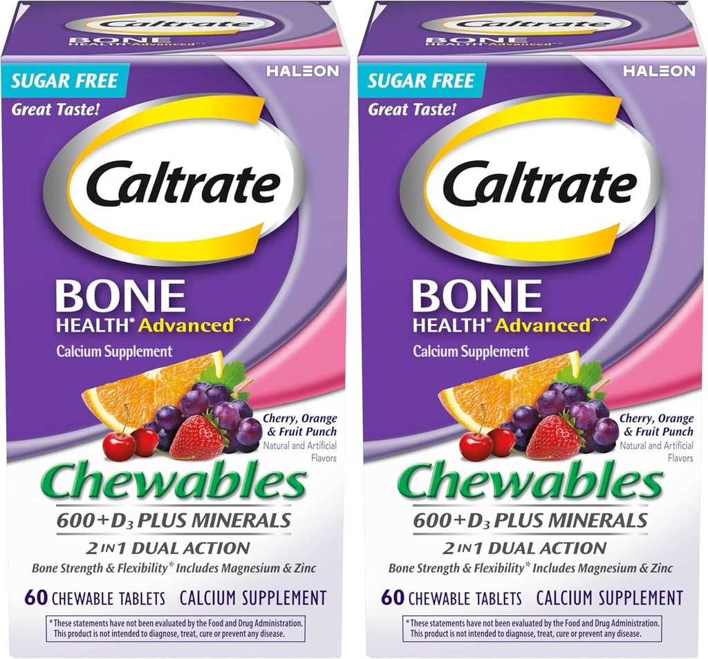 Caltrate Chewables 600 Plus D3 PlusミネラルカルシウムビタミンDサプリメント、チェリー、オレンジ、フルーツパンチ - 60カウント(パッケージ2)