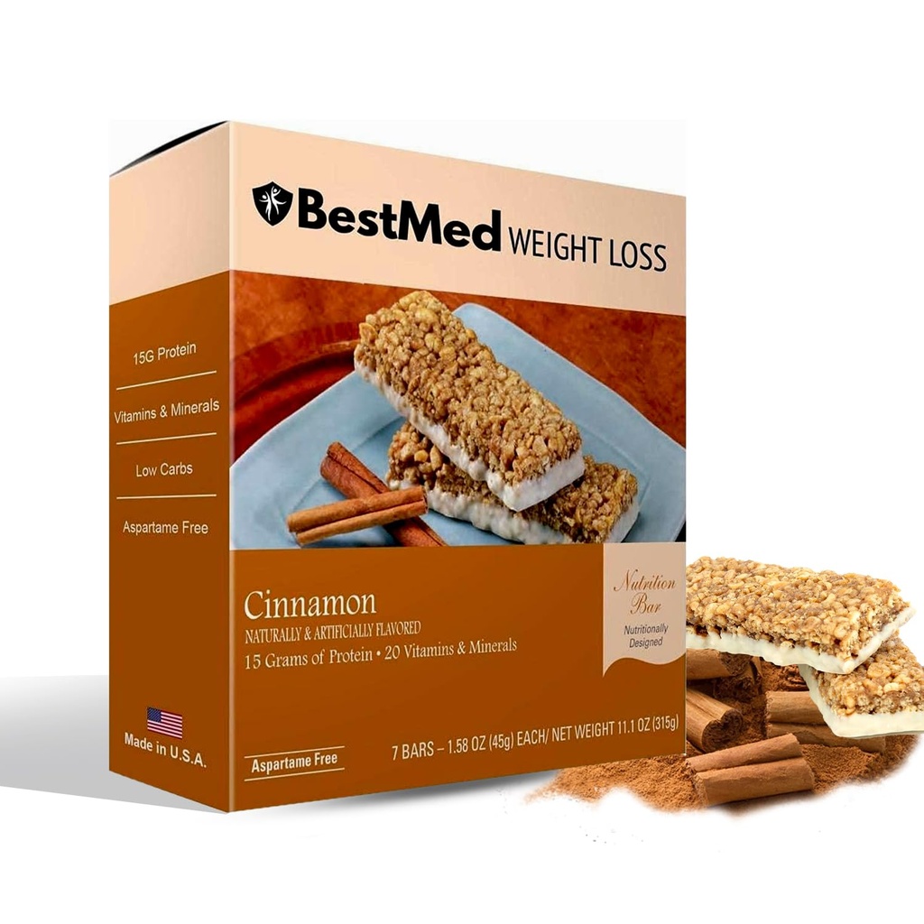 BestMed - 高タンパク質栄養バー - 低炭水化物、15gタンパク質、低糖、低カロリー、食事代替バー(シナモン、1箱 - 7カウント)