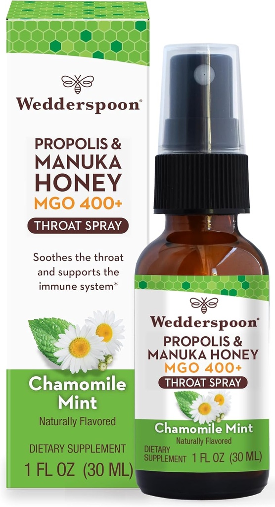 Wedderspoonのプロポリスおよびマヌカの蜂蜜の喉のスプレー、Chamomile及びミント、1 FlのOz (パッケージ1)、Soreの喉の救助、自然な免疫サポート