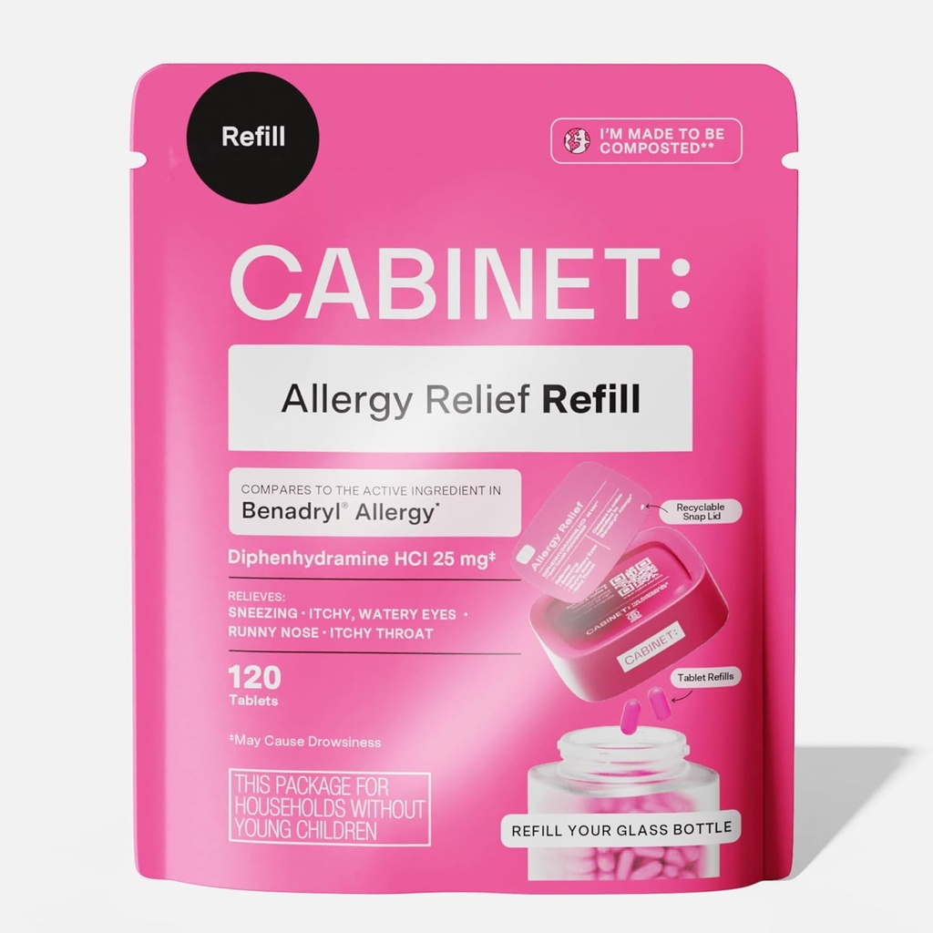 キャビネット: アレルギーのためのDiphenhydramine 25mgのアレルギーの救助のAntihistamineのタブレット、ヘイ・ファーバーおよび鼻、120のタブレット(補充の袋)