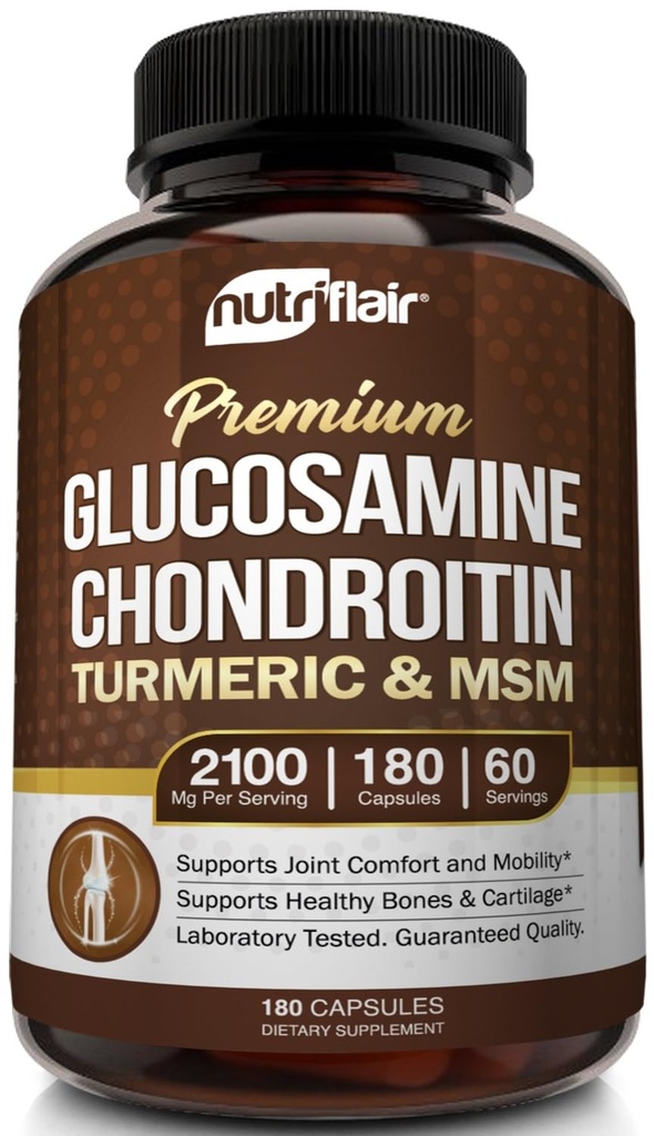 NutriFlair GlucosamineのコンドロイチンのタービンMSMのボスウェリア、180のカプセル - 共同慰めの補足 - 自然で及び非GMO - 酸化防止の丸薬 - サポート背部、膝、手、接合箇所、軟骨