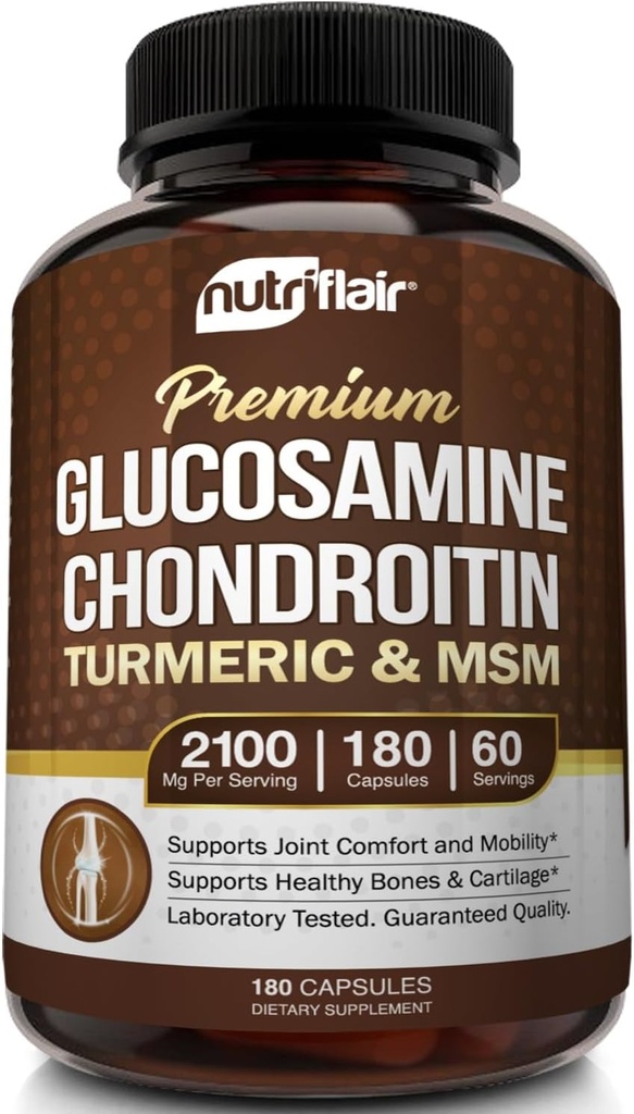 NutriFlair GlucosamineのコンドロイチンのタービンMSMのボスウェリア、180のカプセル - 共同慰めの補足 - 自然で及び非GMO - 酸化防止の丸薬 - サポート背部、膝、手、接合箇所、軟骨