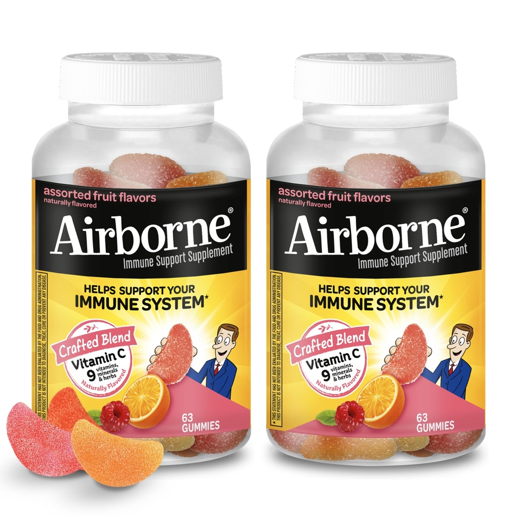 大人のためのAirborne 750mgのビタミンCのグミ、強力な酸化防止剤VIT C及びEのカフェインの自由な2x63ctのびん(42のサービング)、分類されたフルーツの味の免疫サポート ガミー