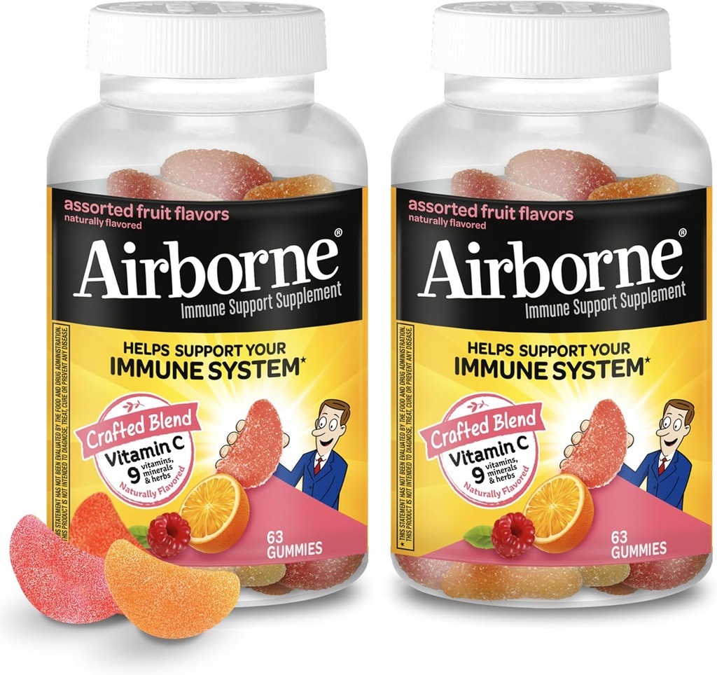 Airborne 750mg Vitamin C Gummies for Adults, Immune Support Gummies with Powerful Antioxidants VIT C & E, Caffeine Free - 2x63ct Bottle (42 Servings), Assorted Fruit Flavor
