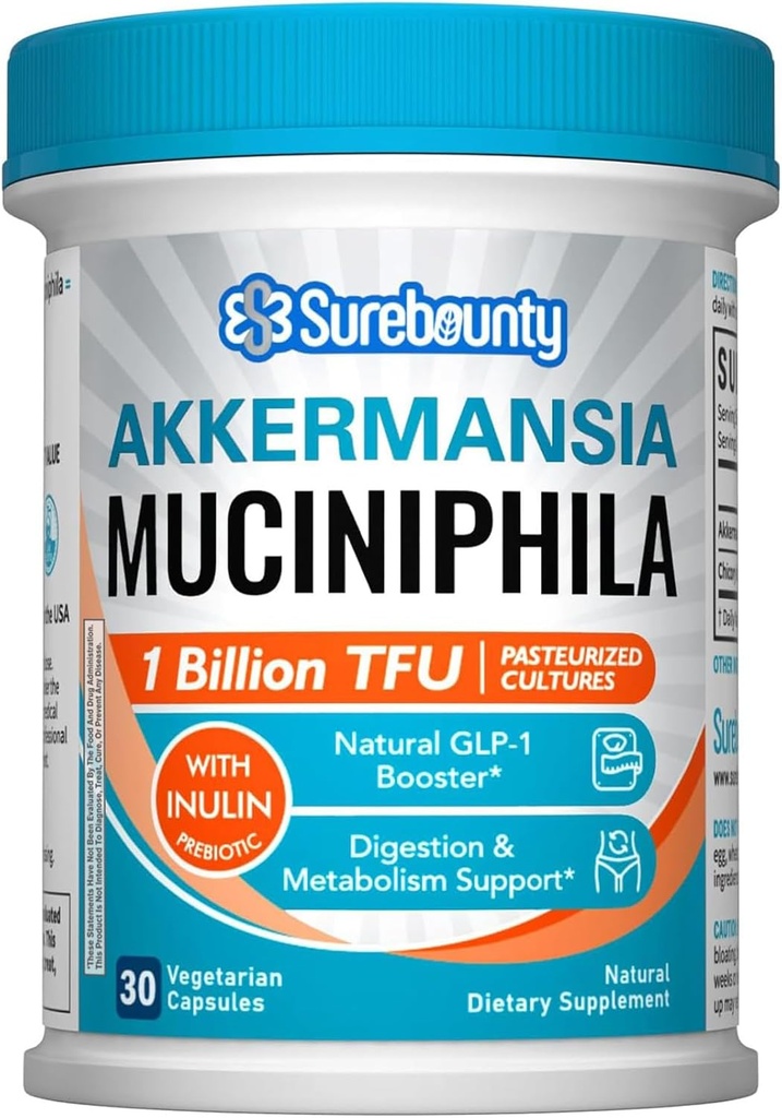 Akkermansia Probiotic GLP-1, 1 Billion TFU, Akkermansia Muciniphila with Prebiotic Inulin Fiber, Gut Health for Men & Women, ビーガン, Non-GMO, 30キャップ