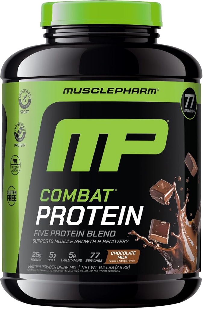 MusclePharmのコンバットの蛋白質の粉、チョコレート ミルクの味、生産的なワークアウトのための燃料筋肉、5つの蛋白質の源はWheyの蛋白質の隔離剤及び卵のアルブミン、グルテンフリー、6.2のlb、77のサービングを含んでいました