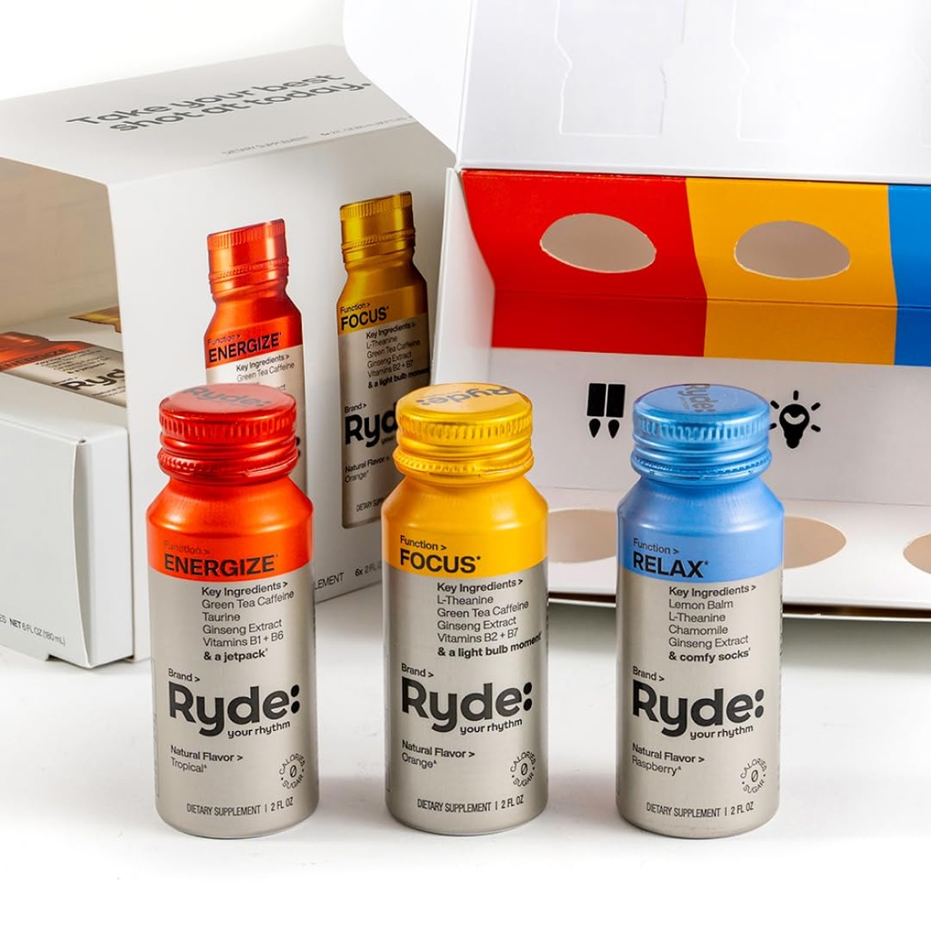 RYDE: ディスカバリーパック | 元気に、フォーカス&リラックスショット | グリーンティーカフェイン、タウリン、ジンセン、ビタミンB、ビタミンL-テアニン、レモンバーム、カモミール | 0カロリー | 品種パック – 飲み放題(6パック)