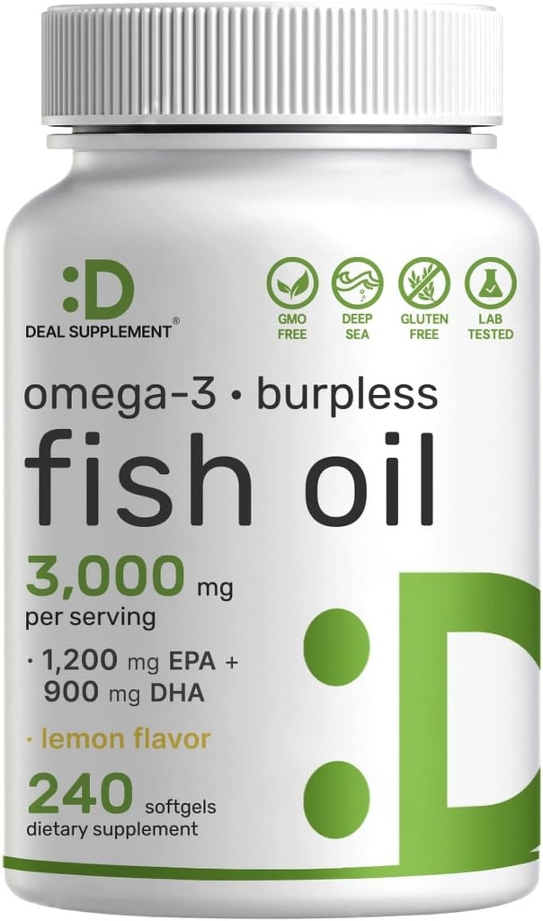 DEAL SUPPLEMENT Omega 3 魚油サプリメント, サービングあたり 3,000 mg, 240 Softgels – EPA 1,200mg + DHA 900mg – Burpless ピル, レモン風味, ワイルドキャッチ – 脳 & ハートサポート – Mercury 無料で, 非GMO