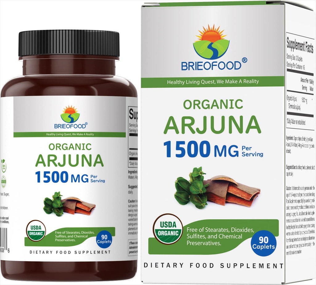 BrieofoodオーガニックArjuna 1500mg、45サービング、ベジタリアン、グルテンフリー、90ベジタリアンタブレット