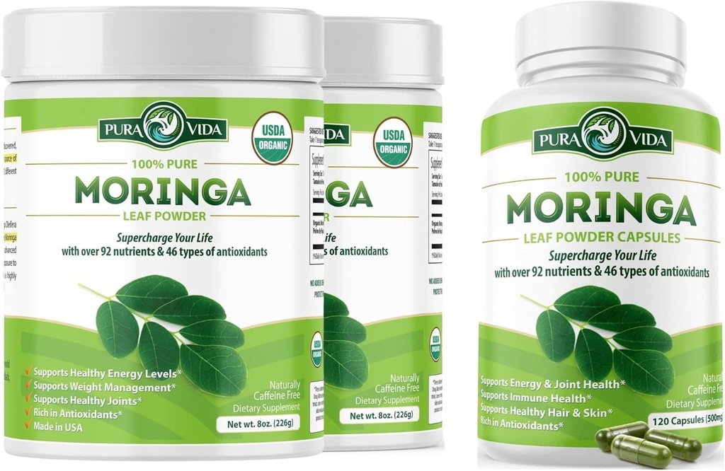 PURA VIDA MORINGA Powder 8 oz. (Pack of 2) Capsules (120 Count)