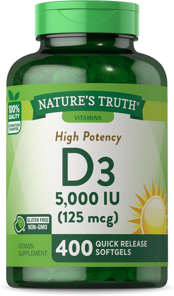 Nature's Truth Vitamin D3 5000 IU Softgels | 400 Count | High Potency | Non-GMO & Gluten Free Supplement
