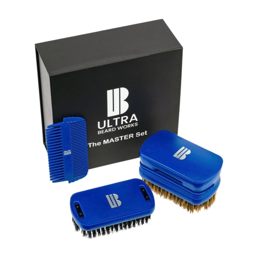 マグネット式ハイエンドベアードブラシ「マスター」セット。「ULTIMATE BRUSH」は3本セットです。 含まれるもの: ミラー、貯蔵のコンパートメント、2つの櫛および2つのブラシ。 取り外し可能な部分はカスタマイズされた単位を作ります。