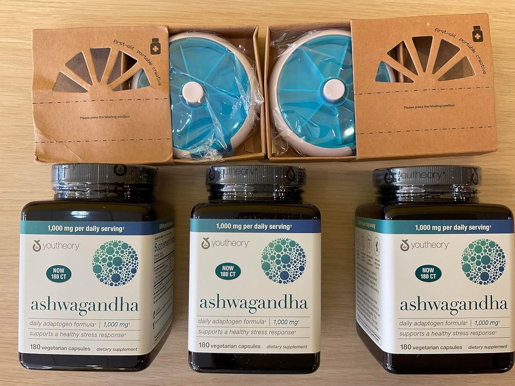 Youtheory Ashwagandha KSM-66 の 1000mg - 助けは健康な圧力応答、180 カプセルを支えます(3 のパックおよび 2 の丸薬の Orgnizer の