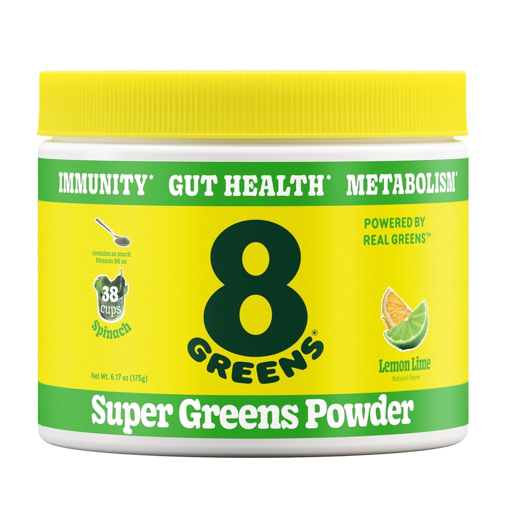 8Greens Super Greens Powder | Prebiotic & Probiotic Blend Superfoods for Gut Health, Metabolism, Debloating, with Fiber, Digestive Enzymes, Organic: Spirulina, Chlorella, Lemon Lime, 25 Servings