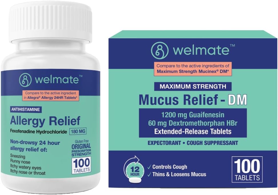 WELMATE 完全なアレルギー及び混雑の救助の束: Fexofenadine HCl 180mg 非眠気の抗ヒスタミン (100 Ct) + Mucus の救助DM 1200mg Guaifenesin 及び 60mg DXM (100 Ct)   12Hr の呼吸サポート