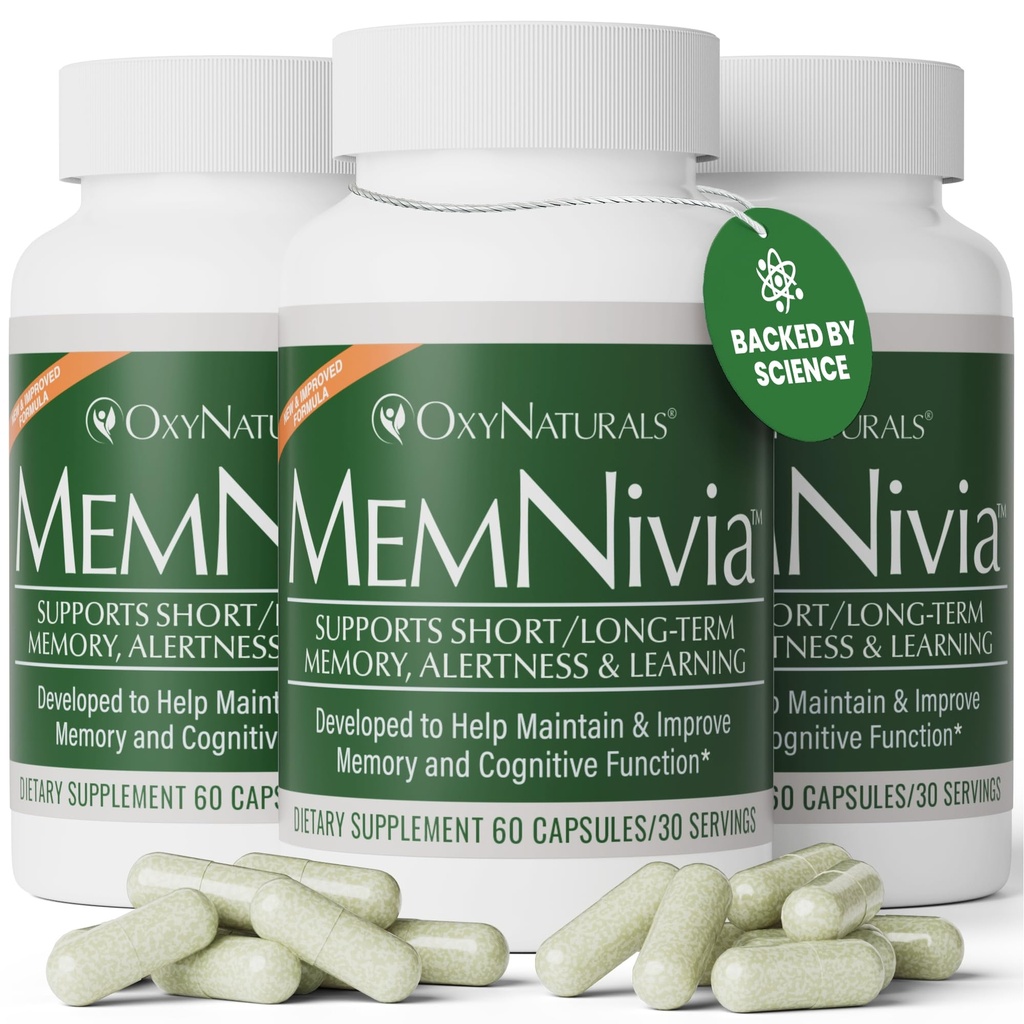 MemNivia Brainは、記憶と焦点のためのサプリメント | コグニビア®、バコパ、聖バジル&ジンジャーとデュアルセージ幹細胞フォーミュラ | 臨床的に証明された精神的サポート | 180 カプセル(3 ボトル) | アメリカ製