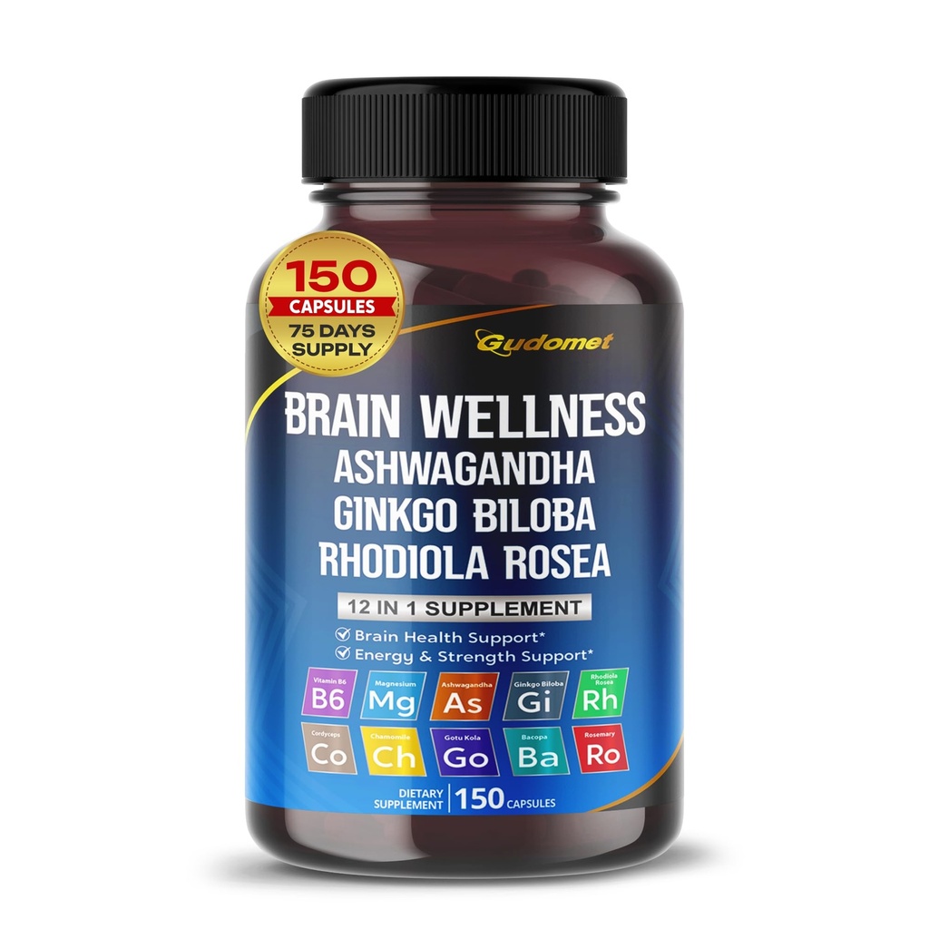 脳のウェルネス ジンクゴBiloba Rhodiola Cordyceps Chamomile Ashwagandha Gotu Kola Bacopa Rosemary Holy Basil Black Pepper -150 カプセル - アメリカ製