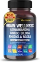 Brain Wellness Ginkgo Biloba Rhodiola Cordyceps Chamomile Ashwagandha Gotu Kola Bacopa Rosemary Holy Basil Black Pepper -150 Capsules- Made in USA