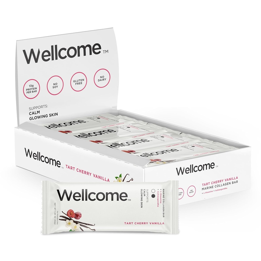Wellcome Tartチェリーバニラマリンコラーゲンプロテインバー(アシュワガンダとL-テアニン) - アダプテ原産スナックバー - 乳液フリーヘルスバー(機能性アクティブライフスタイル用)(12個入)