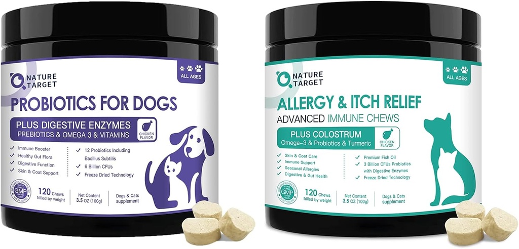 犬のためのNATURE TARGETプロバイオティクス, プレバイオティクス&消化酵素と, ビタミン&オメガ 3 アレルギーの痛みの軽減のために, 糖尿病を削減, ガス, 害虫の軽減, ホットスポット, 避難