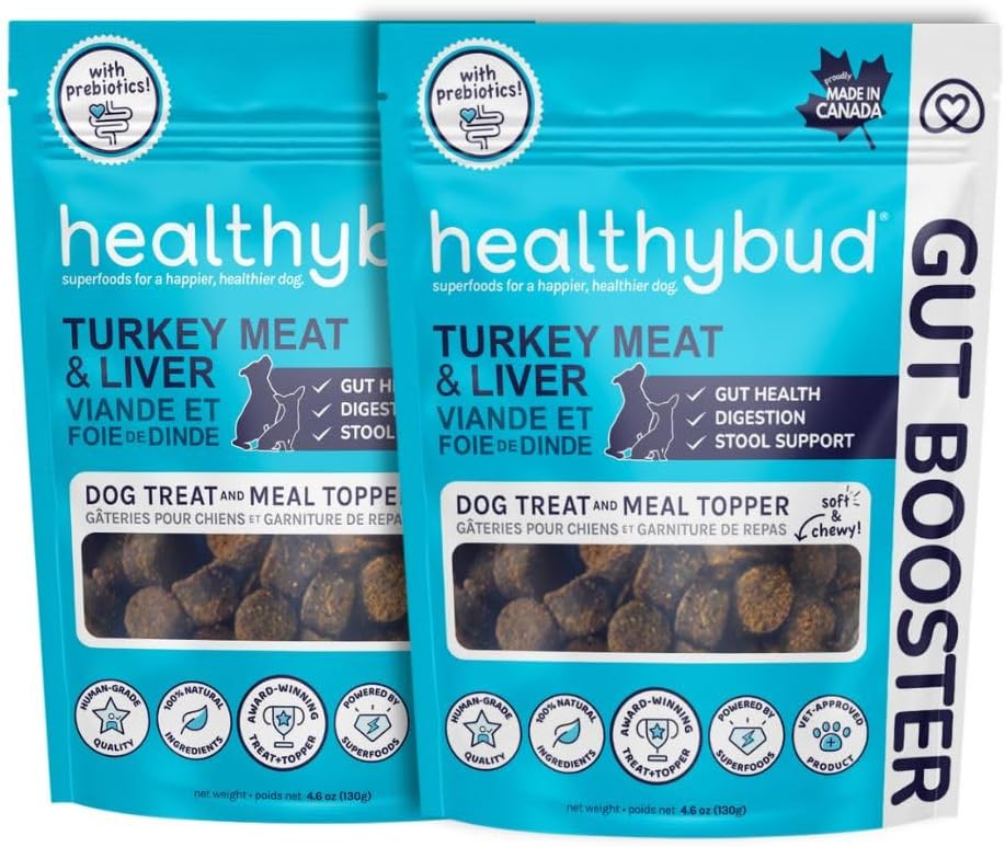 healthybud Turkey Dog Probiotic Chews - Gut Health Support - Prebiotic, Fiber & Vitamin, Puppy Liver Bites for Sensitive Stomach, Dog Stool Hardener (4.6oz per Pack 2-Pack)