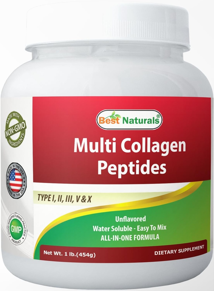 Best Naturals Multiple Collagen Peptides Protein Type I, II III, V & X Collagen unflavored 1 Pound - Grass Fed & Pasture Raised - Water Soluble - Easy to Mix