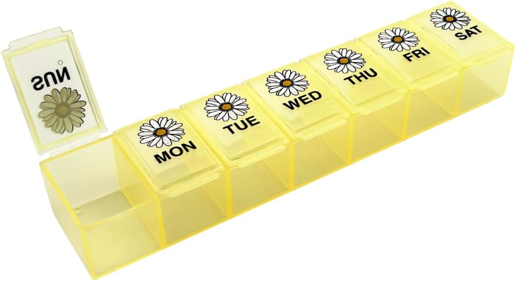 EZY DOSE Weekly (7-Day) Daily Pill Case, Medicine Planner, Vitamin Organizer, Supplement Container, Large Compartments, Yellow Daisy Days Design, Easy-to-Open, Travel-Friendly, BPA Free