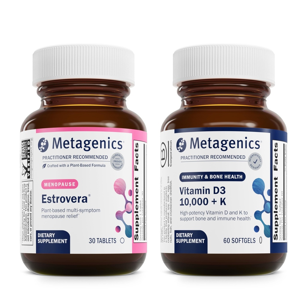 Metagenicsの月経閉止のDuo:HerWellnessのEstrovera - オールナチュラル、ホルモンなしの月経間のサポート補足- 30のタブレット及びビタミンD3 10000 + K -骨及び中心の健康のため- 60 Softgels