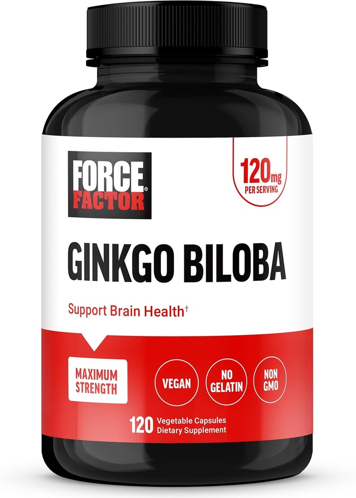 FORCE FACTOR Ginkgo Biloba 120mg、大人のための脳の健康の補足、最高の強さのGinkoの脳サポートおよび認知の補足、ビーガン、非GMO、120カプセル