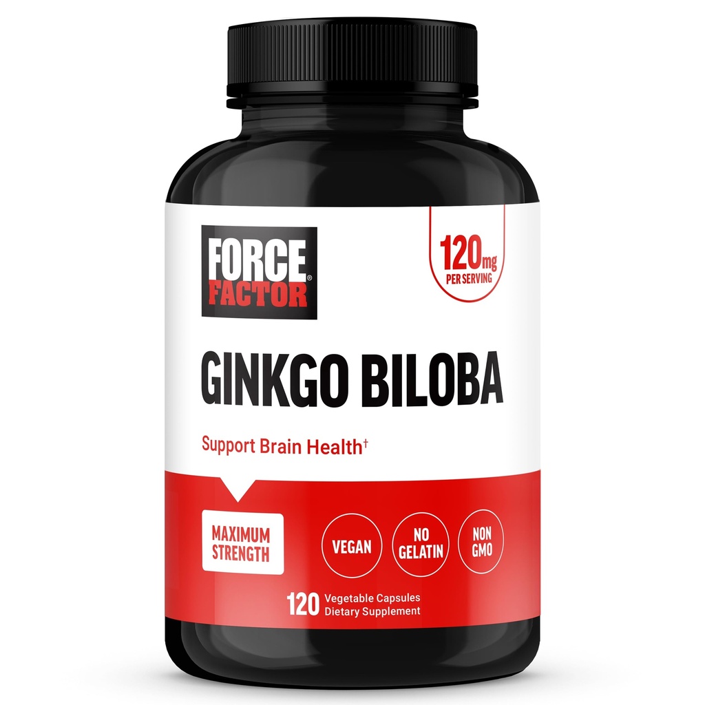 FORCE FACTOR Ginkgo Biloba 120mg、大人のための脳の健康の補足、最高の強さのGinkoの脳サポートおよび認知の補足、ビーガン、非GMO、120カプセル