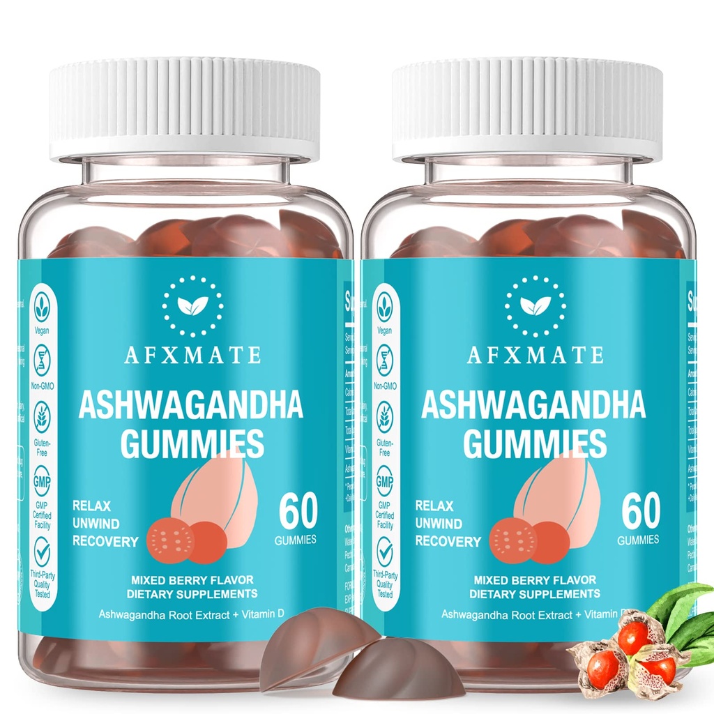 AFXMATE アシュワガンダ グミー & ビタミンD 男性用グミ & 女性用グミ 120 カウント アシュワダサプリメント (非GMO、砂糖無料&グルテンフリー)
