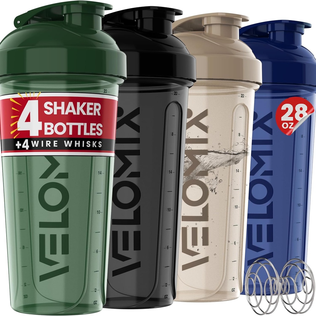 VELOMIX -4 PACK- 28 oz パイナップ シェイクス用シェーカー カップ - 4x ワイヤー ウィスク | リーク プティプロテイン シェーカー ボトル パック | パイナップ シェーク用ミキサー (Forest Edge)