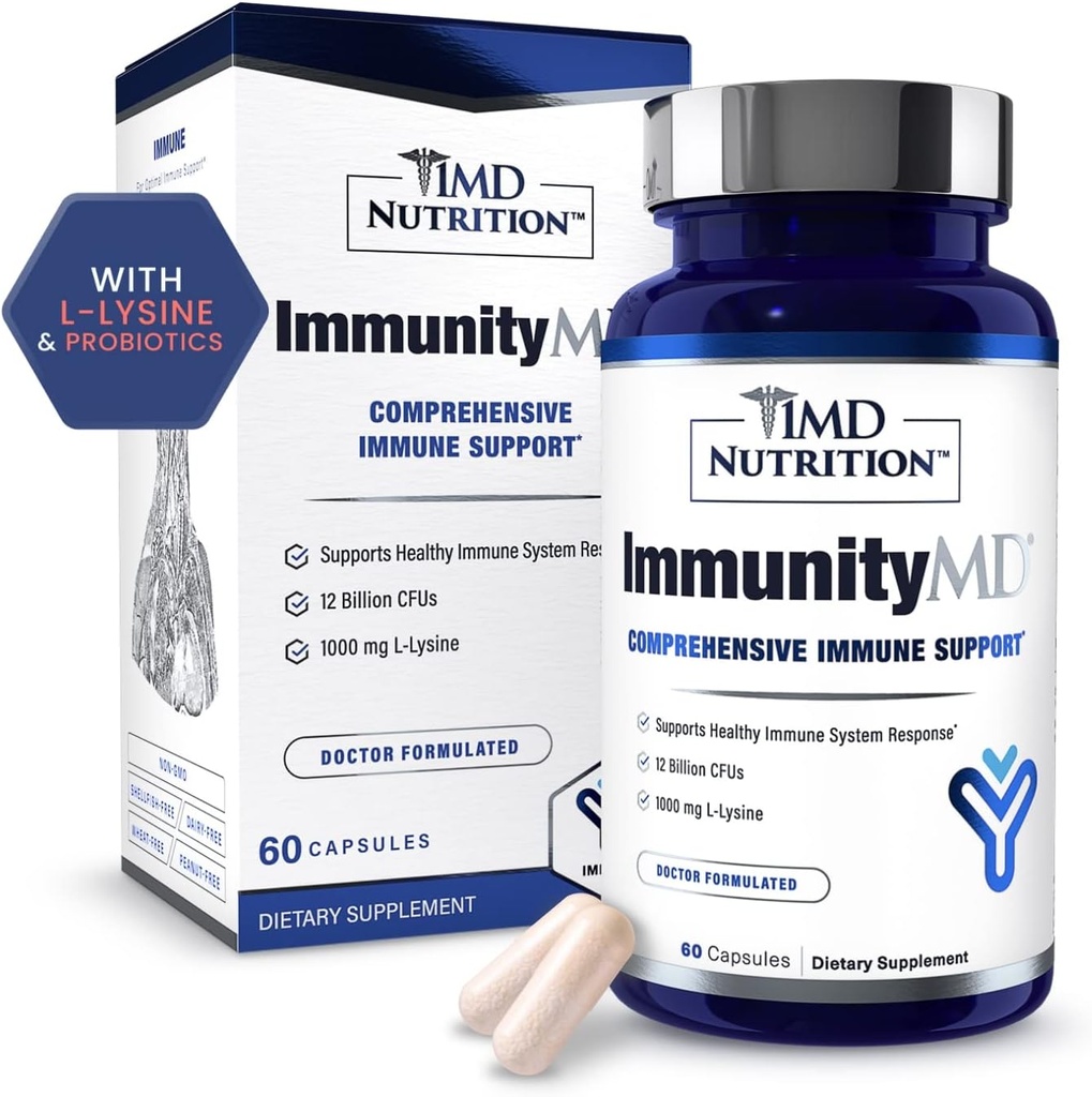1MD Nutrition ImmunityMD - Immune Health Probiotic | Potent, Doctor-Selected Probiotic Strains with Prebiotic - Promote Overall Immune System Strength, Reduce Everyday Stress | 60 Capsules