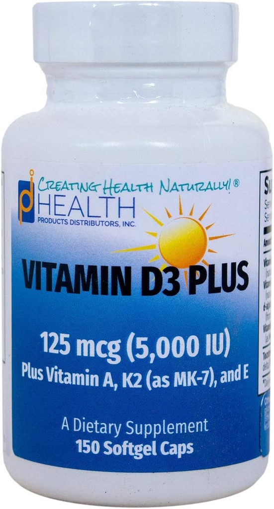 VITAMIN D3 PLUS –125 mcg (5000 IU) ビタミンD3 | ビタミンK2 (MK-7) およびビタミンA | ビタミンDの自然な形態 | 抗酸化剤としてトコトリエノールを含有する | 非GMO |150 ソフトゲルキャップ