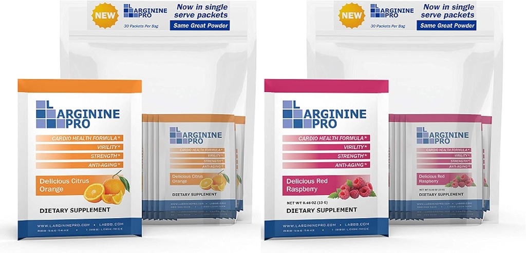 L-ARGININE PRO Supplement Powder | 60 Packets Single Serve Travel Size | 5,500mg of L-arginine Plus 1,100mg L-Citrulline, Raspberry & Orange