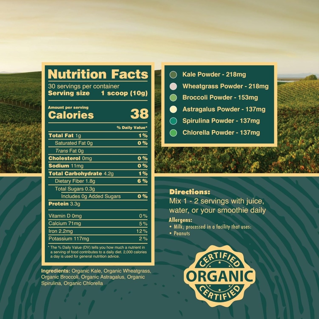 有機グリーンスーパーフードパウダー、米国は - カレ、アルファグラス、小麦グラス、アストラガルス、スピルリナ、オートグラス&クロレラ、米国は成長(10.6oz、1ヶ月の供給)