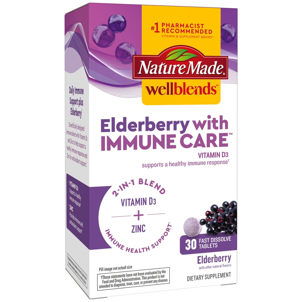 Nature Made Wellblends Elderberry with ImmuneCare、ビタミンD3、亜鉛、Elderberry Flavor、30 Fast Dissolveタブレット