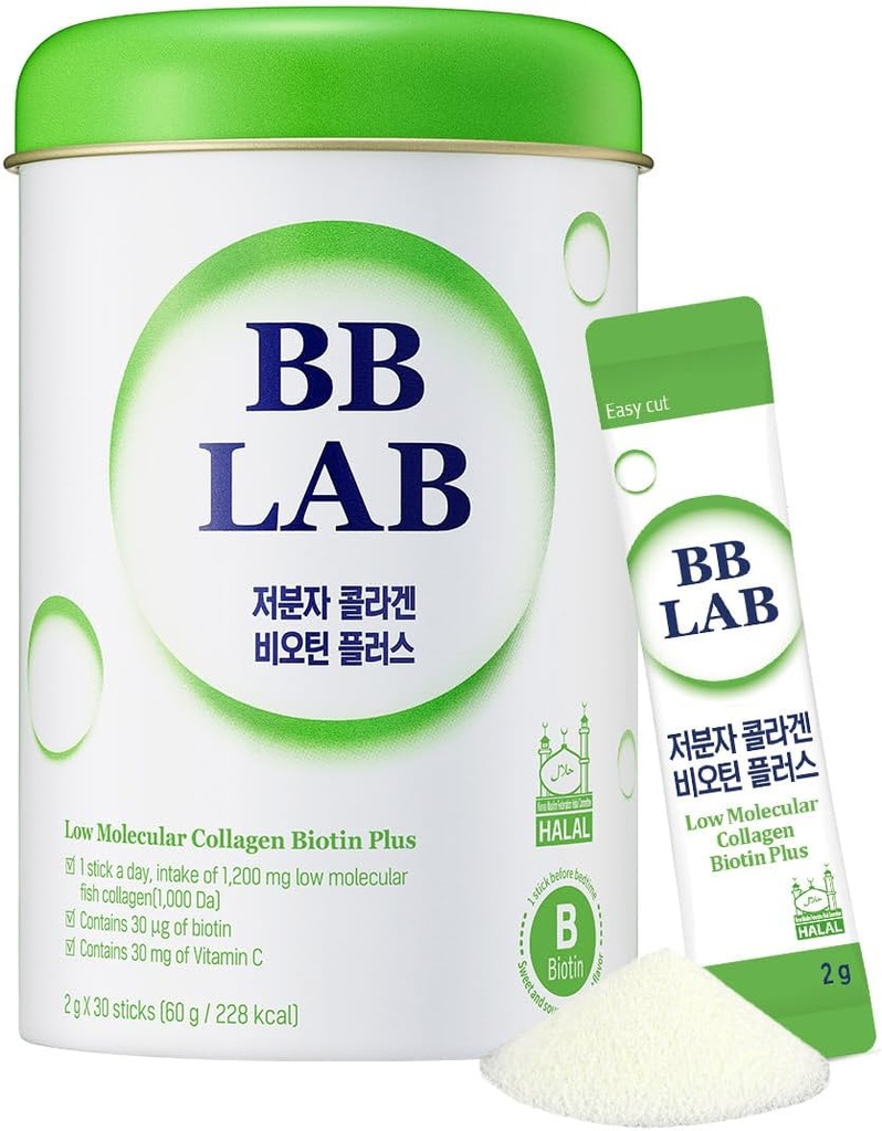 BB LAB 低分子コラーゲンビオチンプラス, ハラールコラーゲン, パウダーサプリメント, 韓国マリンコラーゲン, 魚コラーゲンペプチド, ビオチン, ビタミンC, 吸着, 光沢マスカット風味