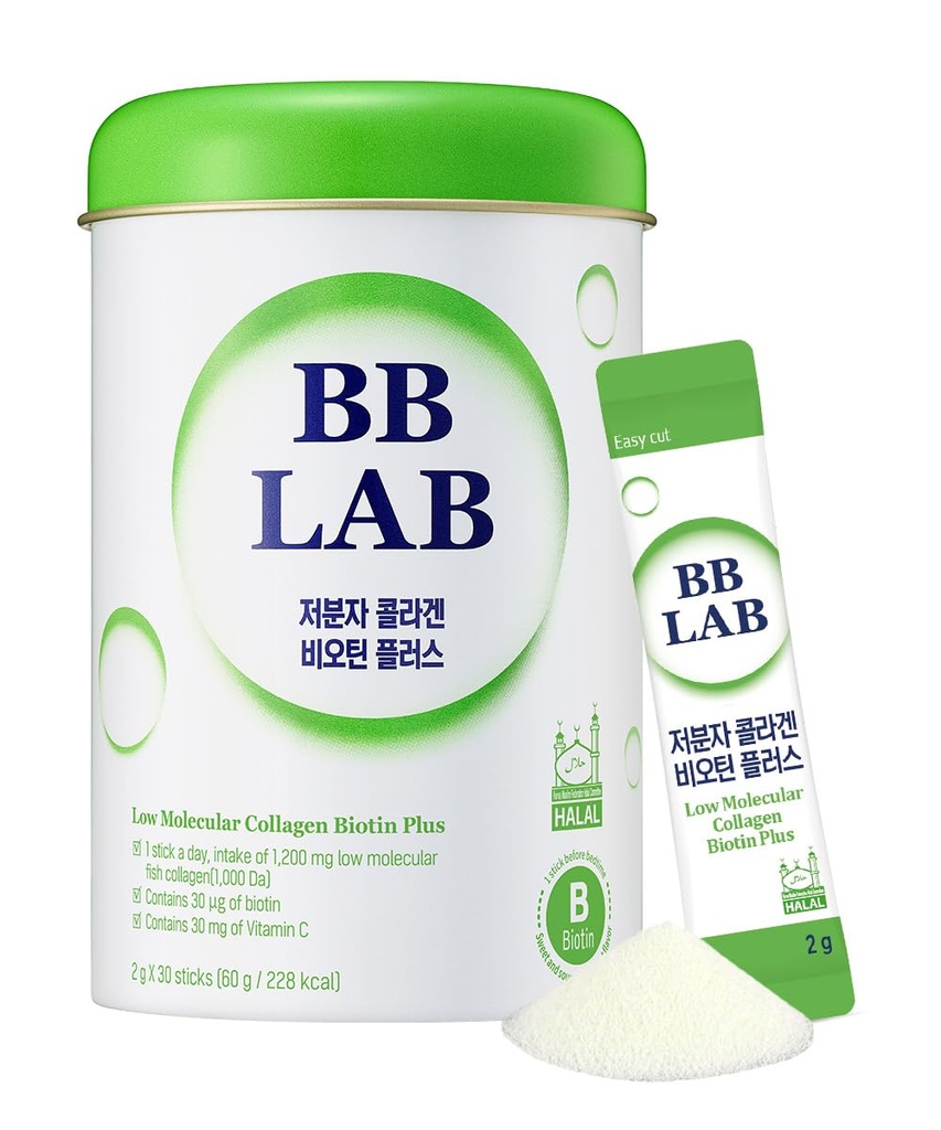 BB LAB 低分子コラーゲンビオチンプラス, ハラールコラーゲン, パウダーサプリメント, 韓国マリンコラーゲン, 魚コラーゲンペプチド, ビオチン, ビタミンC, 吸着, 光沢マスカット風味