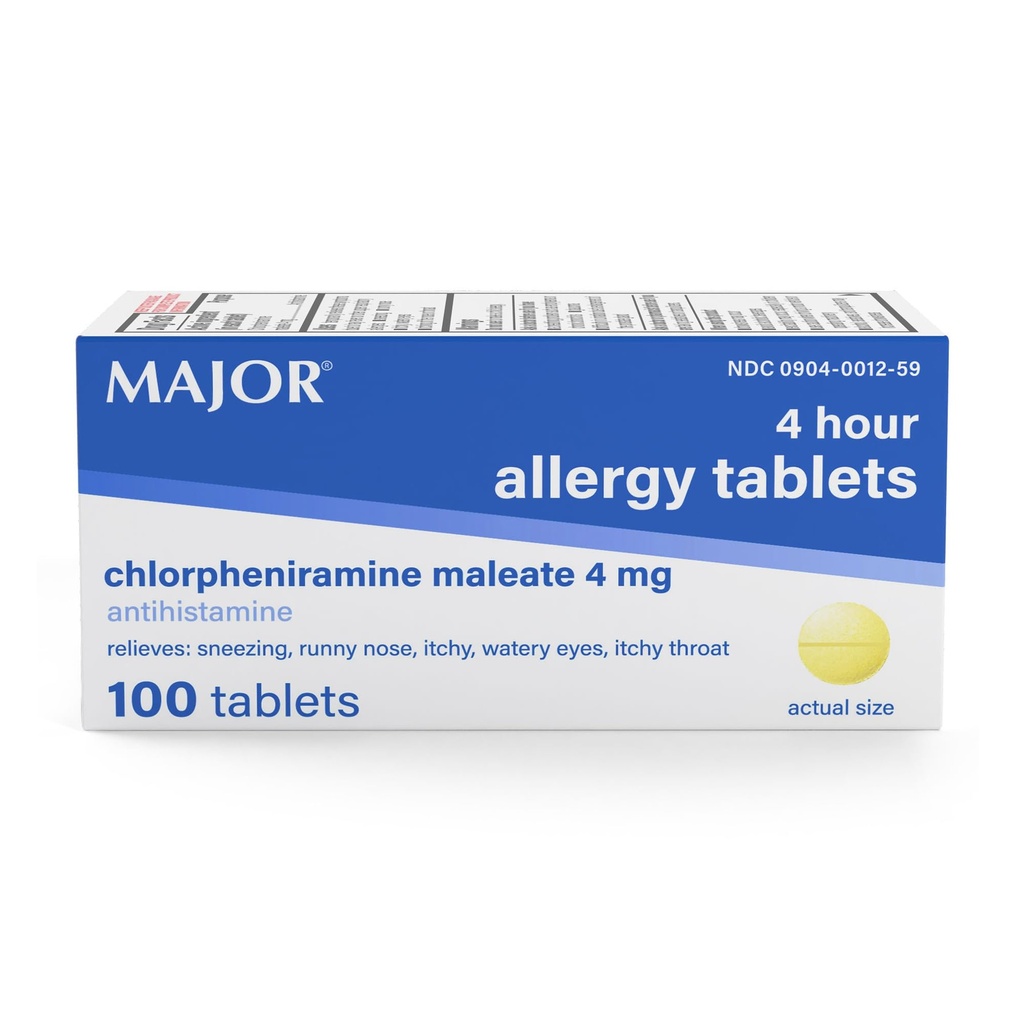 MAJOR 4 Mgのアレルギーのタブレット-Chlorpheniramineの4-Hourアレルギーの薬-Sneezing、Itchy水目の救助のためのAntihistamine、かゆみの喉およびRunnyの鼻- 100の計算(1パック)