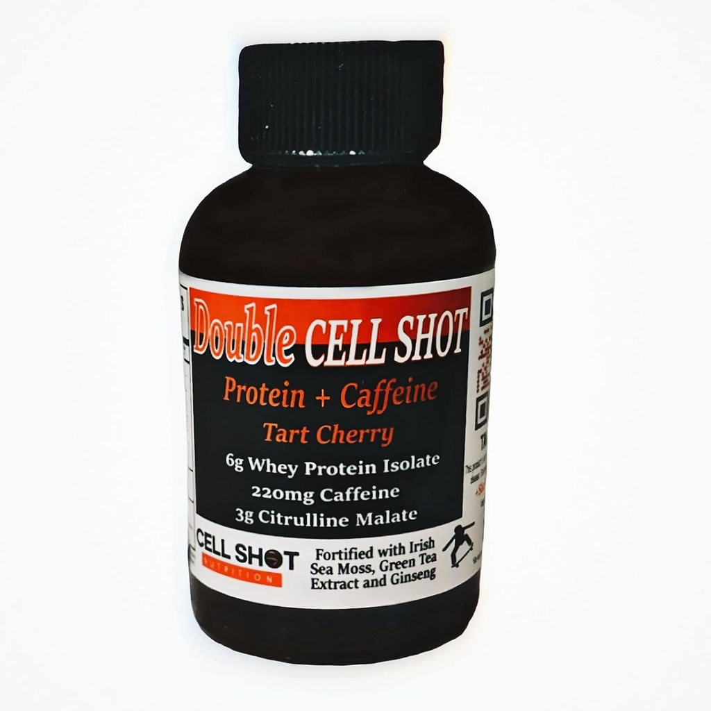 Tart Cherry Punch - 4 Pack - Protein + Caffeine - Double Cell Shot - BCAAs with Caffeine, Nootropics, Cacao, Sea Moss, Ginseng, Whey - Wake-Up and Focus
