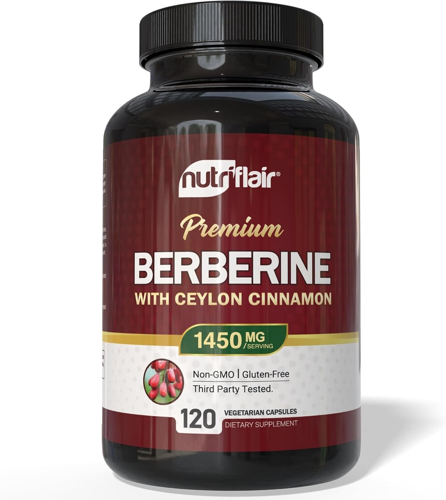 NutriFlair Berberine with Ceylon Cinnamon 1450mg サプリメント – 120 カプセル | Berberine HCl & Organic Ceylon Cinnamon   Non-GMO, 完全菜食主義者の, グルテンフリー