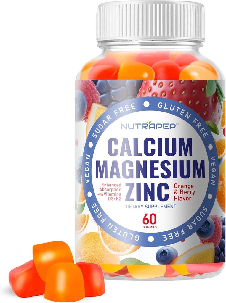 Calcium Magnesium Zinc Supplement Gummies - with Vitamin D3 K2 Magnesium Glycinate - Orange Berry Flavored Vegan Sugar-Free Gluten Free Chewable for Men Women Kids