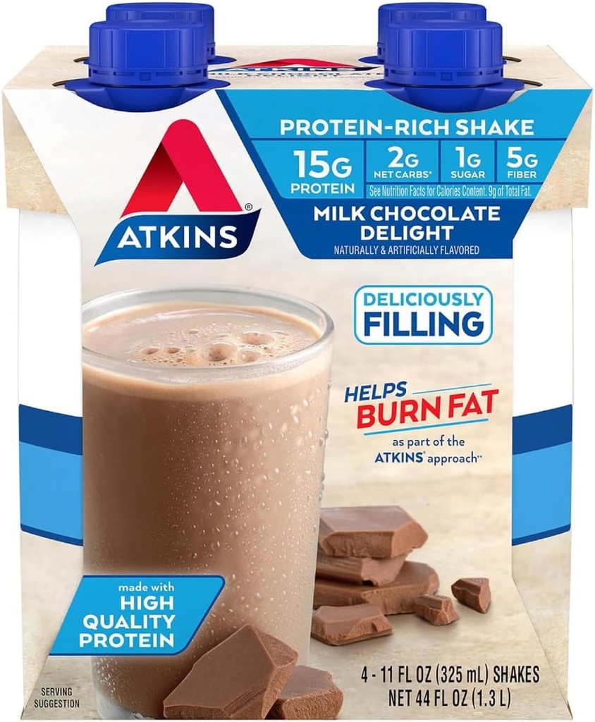 AtkinsのミルクのチョコレートDelightの蛋白質の揺れ、15g蛋白質、低い血糖、2g純炭水化物、1g砂糖、Ketoの友好的、4の計算