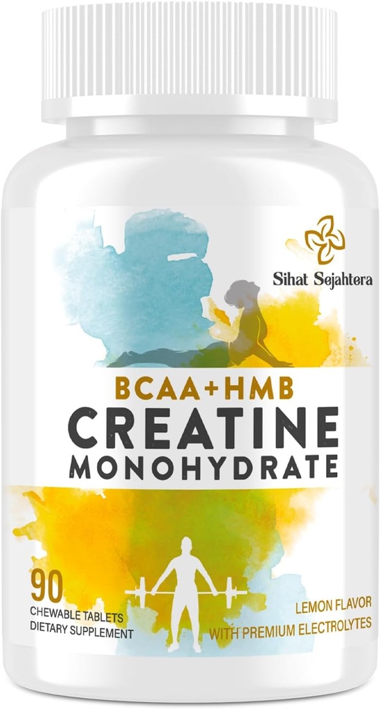 8-in-1 Creatine Monohydrate with BCAA & HMB, 5000 mg for Men & Women, Creatine Chews for Muscle, Recovery, Endurance & Strength, High Absorption, Lemon Flavor, Sugar-Free, 90 Tablets
