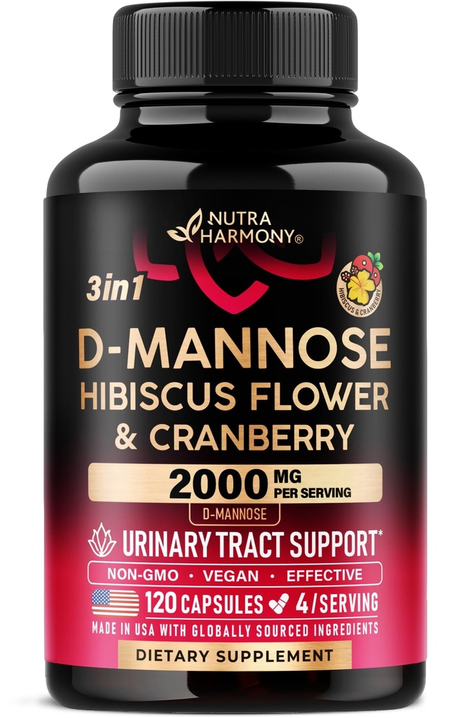 クランベリー&ハイビスカスとD-Mannose 2000mg - 尿路の健康のための臨床的にテストされた強さ - 女性のためのサプリメント - 膀胱、肝臓&マイクロフローラサポート - 米国製 - ビーガン、120カプセル